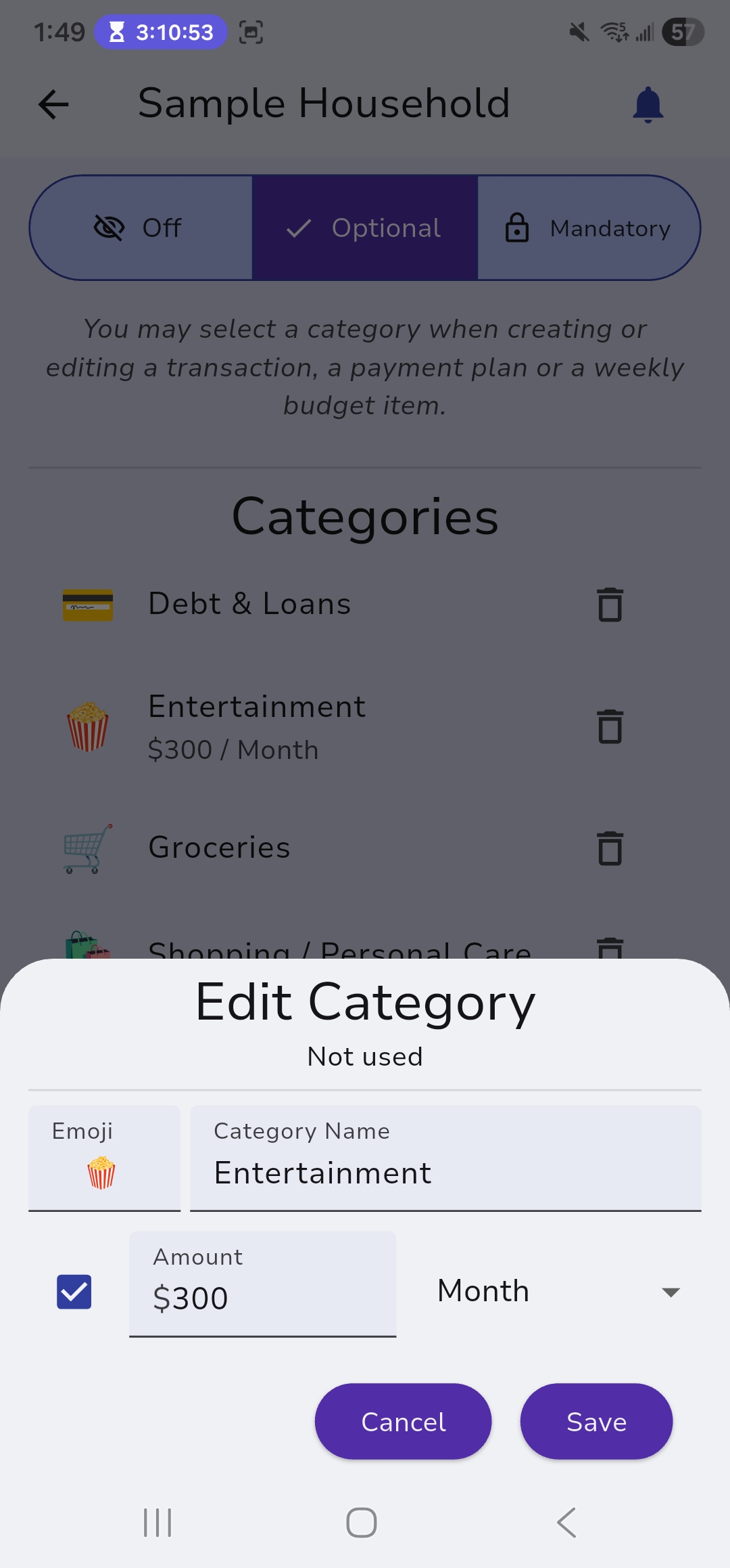 Edit a category using the bottom sheet